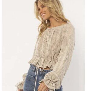 Amuse Society LS knit crochet tan cotton blend sweater drawstring neck n waist S